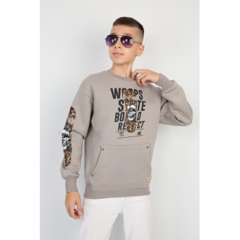 Üç İplik Şardonlu Baskılı Kanguru Cepli Erkek Çocuk Günlük Sweatshirt