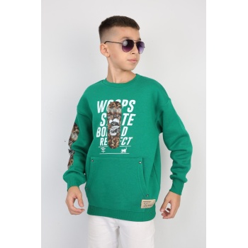 Üç İplik Şardonlu Baskılı Kanguru Cepli Erkek Çocuk Günlük Sweatshirt