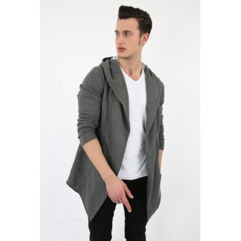 Üç İplik Şardonlu Kapşonlu Cepli Erkek Günlük Panço Hırka