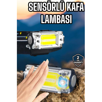 Beyaz Led Işık Sensörlü Kafa Lambası Lityum Batarya Led El Fenerli Şarjlı