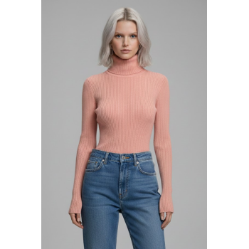 Kadın Pudra Pembe Tam Boğazlı Fitilli Triko Kazak - Yumuşak Dokulu Kışlık Slim Fit Örme Bluz