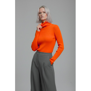 Kadın Turuncu Tam Boğazlı Fitilli Triko Kazak - Yumuşak Dokulu Esnek Örme Bluz
