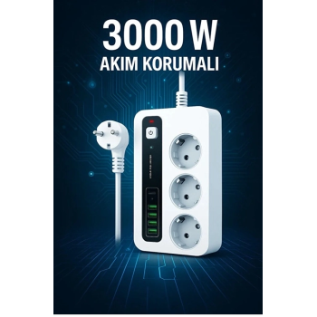 P10 3x Priz 3000w Akım Korumalı 4x Usb 2x Type-c Girişli Çoklu Priz