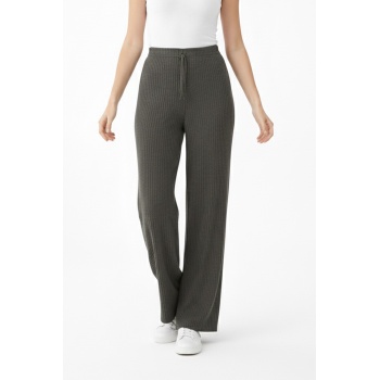 Kadın Haki Yüksek Bel Fitilli Örme Bağcıklı Esnek Likralı Geniş Paça Pantolon