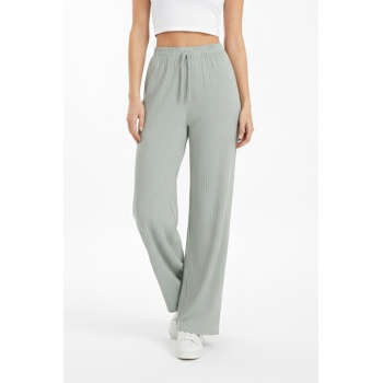 Kadın Mint Yüksek Bel Fitilli Örme Bağcıklı Esnek Likralı Geniş Paça Pantolon
