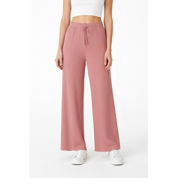 Kadın Pembe Yüksek Bel Fitilli Örme Bağcıklı Esnek Likralı Geniş Paça Pantolon