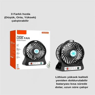 USB Girişli Taşınabilir Masaüstü Mini Fan – 3 Kademeli Hız, Şarjlı, Işıklı, Sessiz Çalışma