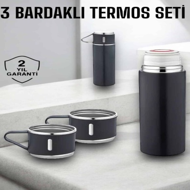 Paslanmaz Çelik 3’lü Termos Seti Vakumlu ve 8 Saat Isı Koruma
