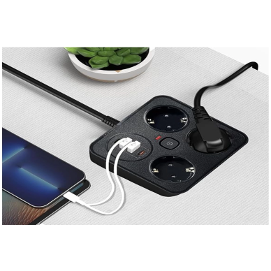 Akım Korumalı Anahtarlı Priz - 3x Priz - 2x Usb - 2x Type-c - 2 Mt Kablo Hızlı Şarj Özellikli Siyah