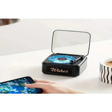 Nostalji Mini Plak Görünümlü Radyolu Bluetooth Hoparlör 3d Ses Dalgası Retro Müzik Plak Siyah