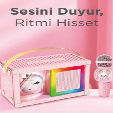Taşınabilir Rgb Işılı Sevimli Figürlü Mikrofonlu Karaoke Bluetooth Hoparlör Pembe