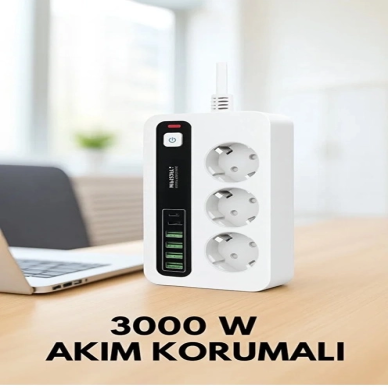 P10 3x Priz 3000w Akım Korumalı 4x Usb 2x Type-c Girişli Çoklu Priz