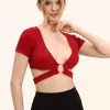 Kadın Bordo Renkli Ön Halka Ve Şeritli Crop Top