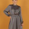 Simli Saten Büzgü Detay Elbise-Gri
