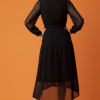 Siyah Tül Detaylı Büzgülü V Yaka Midi Elbise