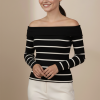 Kadın Siyah - Beyaz Çizgili Madonna Yaka Bluz