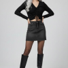 Siyah Uzun Kollu Kaşkorse Crop Bluz Büzgülü V Yaka
