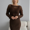 Kadın Kahverengi Ajurlu Delikli Kazak ve Fitilli Triko Elbise İkili Takım - Yumuşak Dokulu Örme Alt Üst Takım