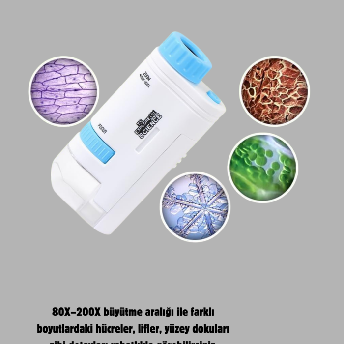 KESGİN MARKET ® LED Işıklı Mikroskop 80X–200X Zoom Eğitici Bilim Seti ve Taşınabilir