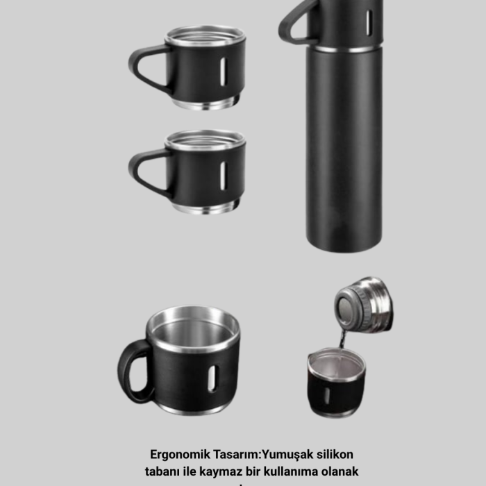 KESGİN MARKET ® Paslanmaz Termos ve İkili Bardak Seti | 6-12 Saat Sıcak/Soğuk Tutma