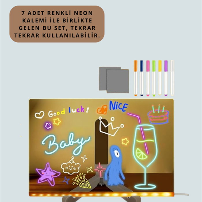 KESGİN MARKET ® Şık ve Modern LED Pano – Neon Işıklı Silinebilir Akrilik Yazı Tahtası, 7 Renkli Kalem Dahil