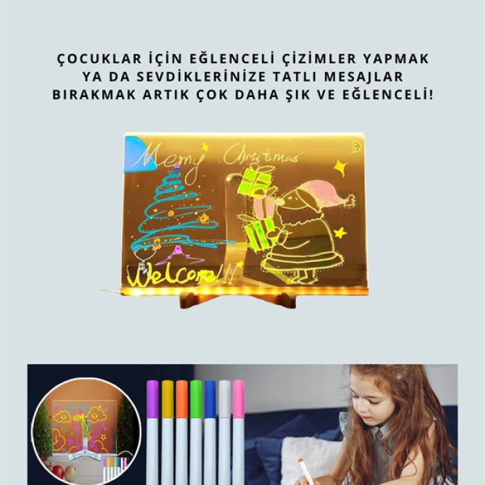 KESGİN MARKET ® LED Işıklı Şeffaf Yazı Tahtası – Neon Etkili Akrilik Pano, Silinebilir, 7 Renkli Kalemli, 30x20 cm