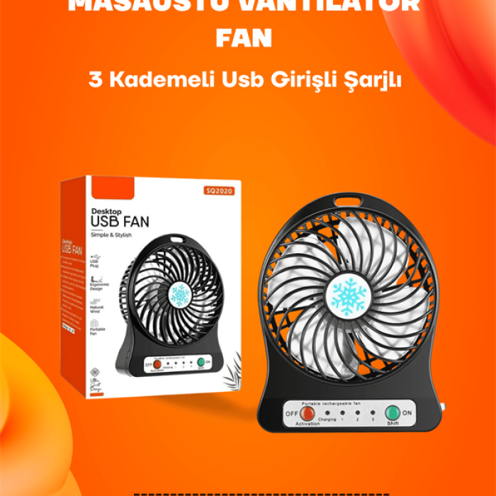 KESGİN MARKET ® Mini Vantilatör Masaüstü – USB Girişli, Şarjlı, 3 Kademe, Sessiz Motor, Işıklı