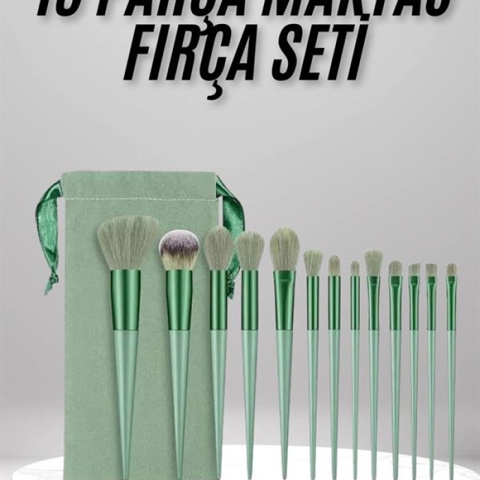 KESGİN MARKET ® Makyaj Fırça Seti Yeşil 13 Parça Fondöten Fırçası Allık Fırçası Far Fırçası