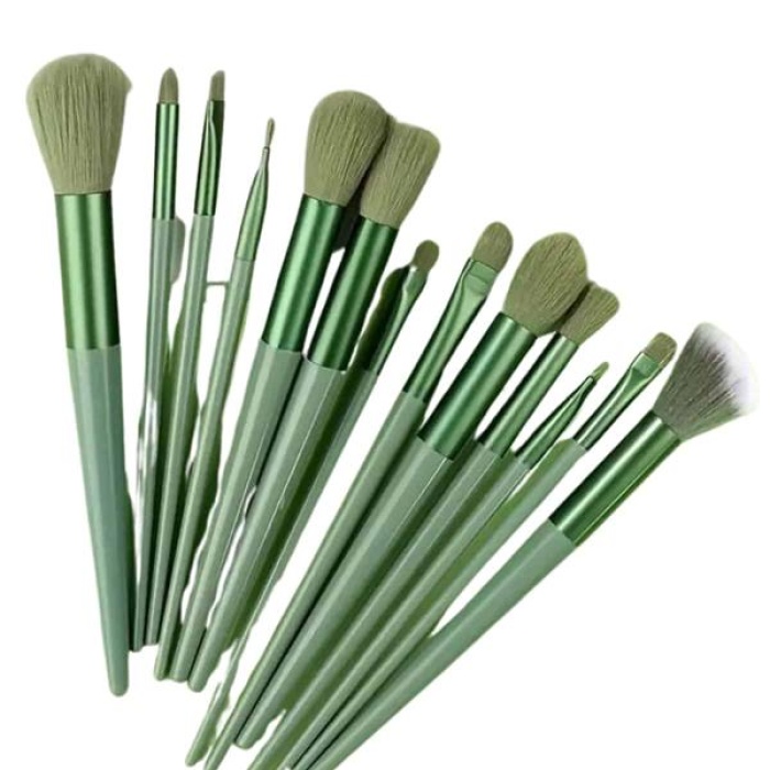 KESGİN MARKET ® Makyaj Fırça Seti Yeşil 13 Parça Fondöten Fırçası Allık Fırçası Far Fırçası