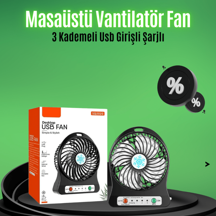 KESGİN MARKET ® Mini USB Fan – Şarj Edilebilir, Işıklı, 3 Kademe, Taşınabilir Masaüstü Vantilatör