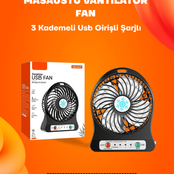 KESGİN MARKET ® Mini Vantilatör Masaüstü – USB Girişli, Şarjlı, 3 Kademe, Sessiz Motor, Işıklı