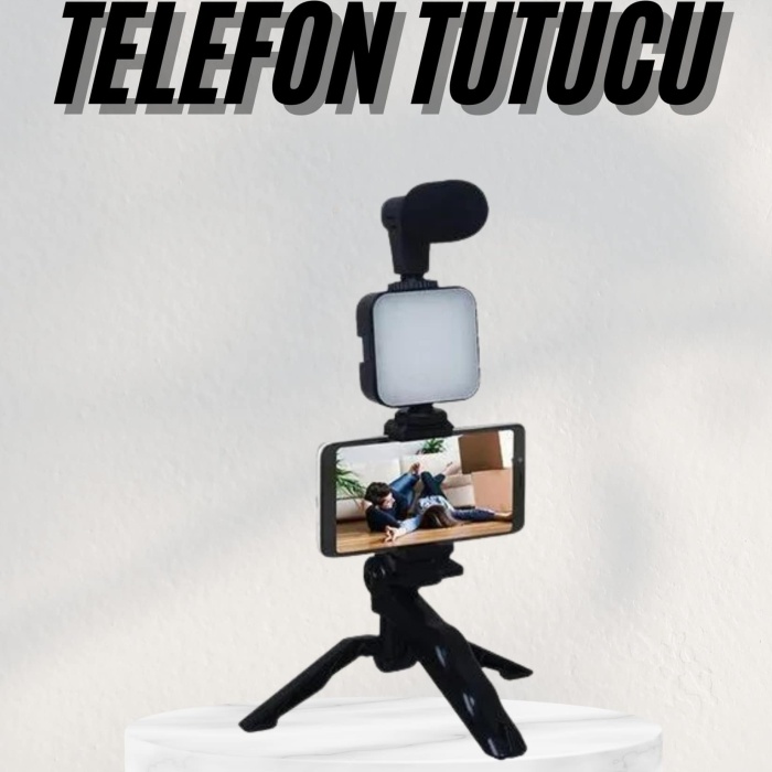 KESGİN MARKET ® Telefon Tutucu Led Işıklı Kumandalı Mikrofon Telefon Vlog Video Kayıt