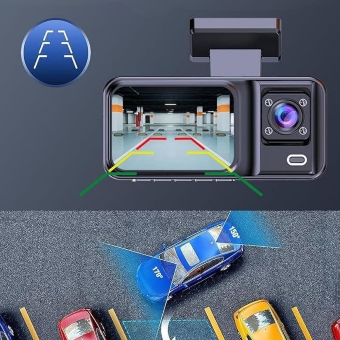 KESGİN MARKET ® 1080P 3 Lensli WİFİ Araç İçi Kameralı Ekran DVR Kaydedici Gece Görüşlü