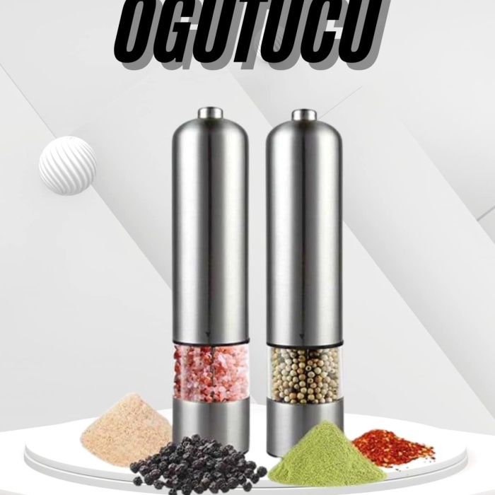 KESGİN MARKET ® Pilli Tuz Ve Karabiber Öğütücü Baharat Değirmeni Tuzluk Pilli Işıklı Gri