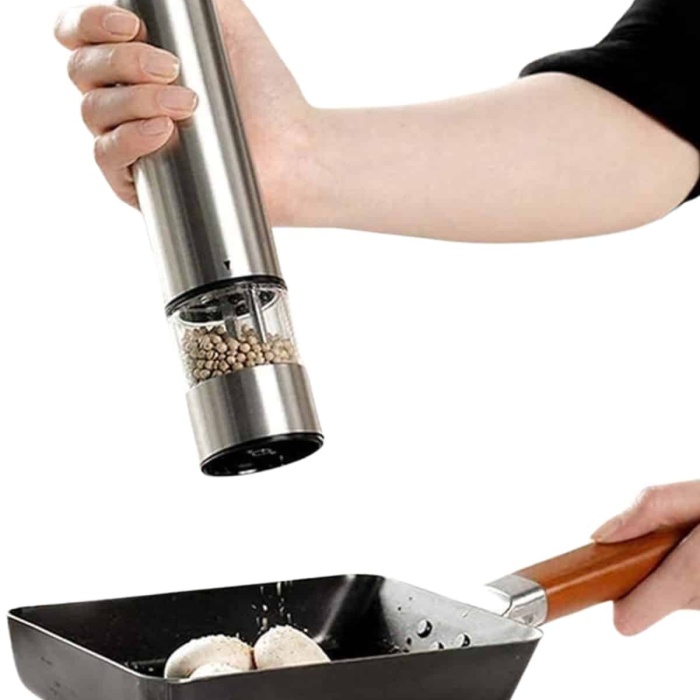 KESGİN MARKET ® Pilli Tuz Ve Karabiber Öğütücü Baharat Değirmeni Tuzluk Pilli Işıklı Gri