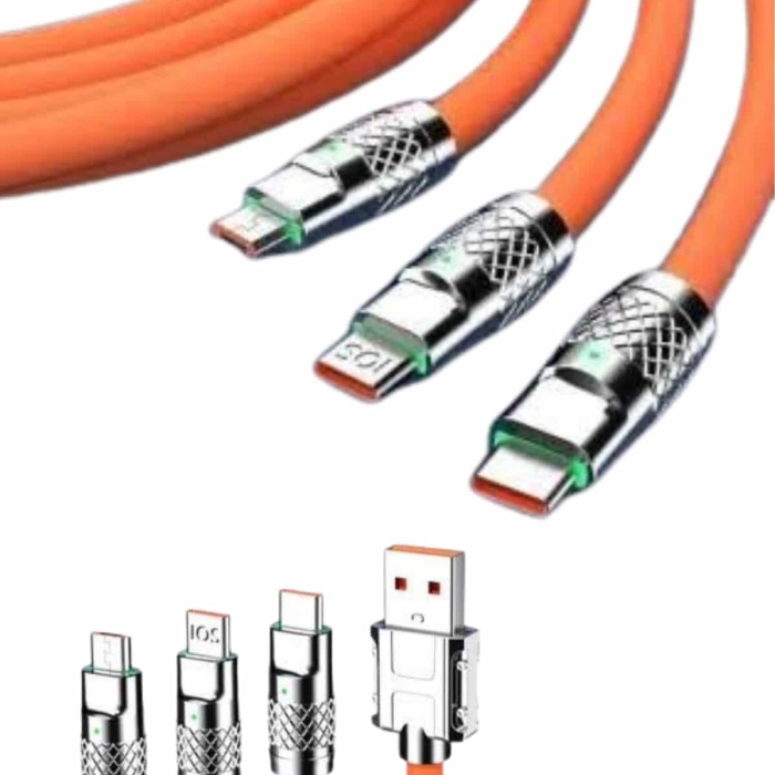 KESGİN MARKET ® 120W Silikon Metal Uçlu LED Işıklı 3 In1 Şarj Kablosu 1.2m