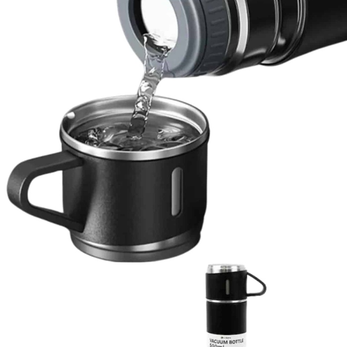 KESGİN MARKET ® Termos Paslanmaz Çelik Termos Siyah Renk 3 Bardaklı Termos Seti