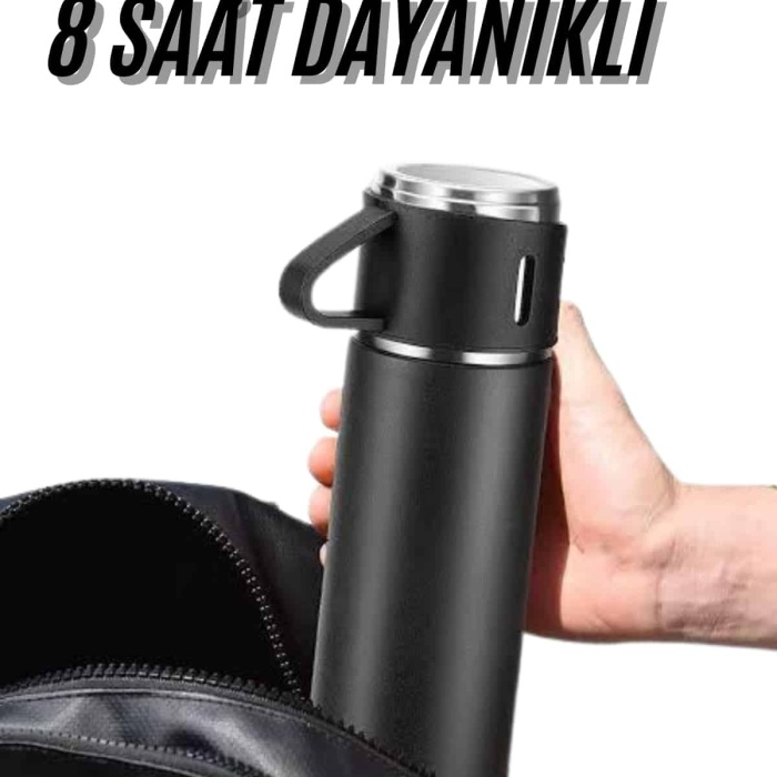 KESGİN MARKET ® Termos Seti 3lü Bardak Seti Isı Dayanıklı Siyah Paslanmaz Çelik Vakumlu