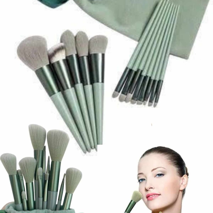 KESGİN MARKET ® Makyaj Fırça Seti Yeşil 13 Parça Fondöten Fırçası Allık Fırçası Far Fırçası