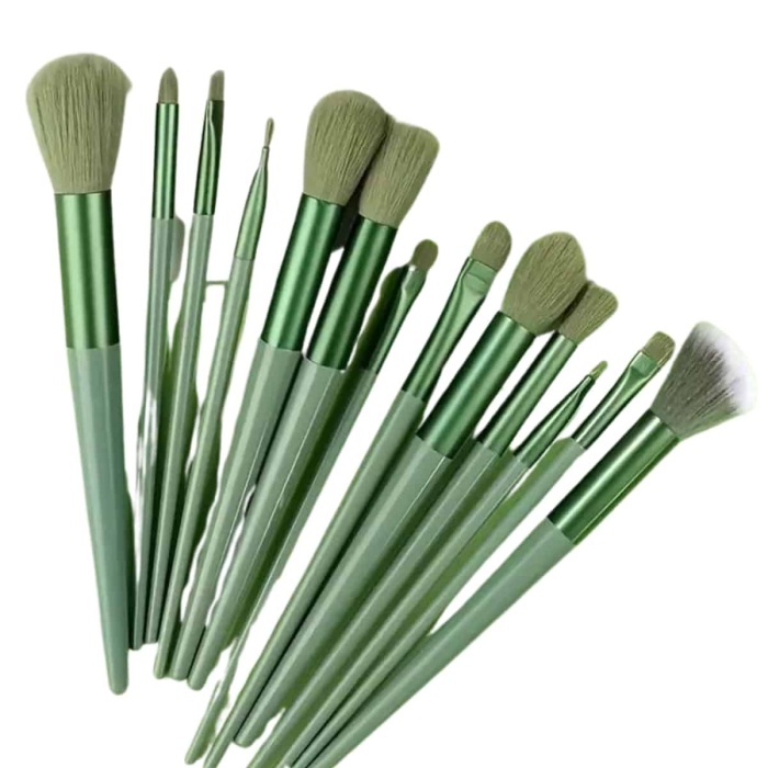 KESGİN MARKET ® Makyaj Fırça Seti Yeşil 13 Parça Fondöten Fırçası Allık Fırçası Far Fırçası