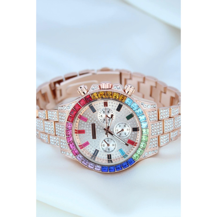 KESGİN MARKET® Clariss Trend Rose Metal Kordonlu Zirkon Taş Kaplama Renkli Taşlı Kasa Tasarımlı Lüx Kadın Kol Saati