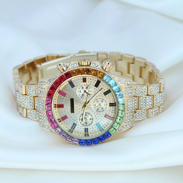 KESGİN MARKET® Clariss Trend Gold Metal Kordonlu Zirkon Taş Kaplama Renkli Taşlı Kasa Tasarımlı Lüx Kadın Kol Saati