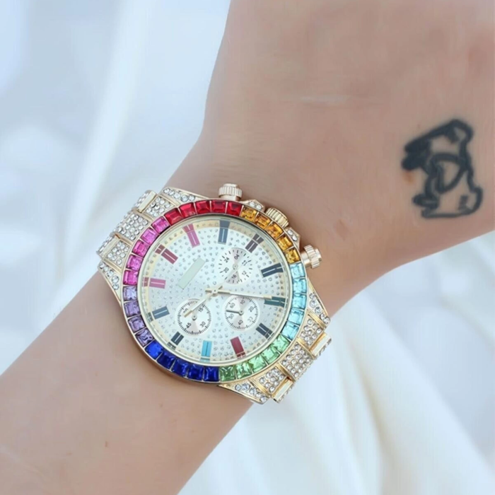 KESGİN MARKET® Clariss Trend Gold Metal Kordonlu Zirkon Taş Kaplama Renkli Taşlı Kasa Tasarımlı Lüx Kadın Kol Saati