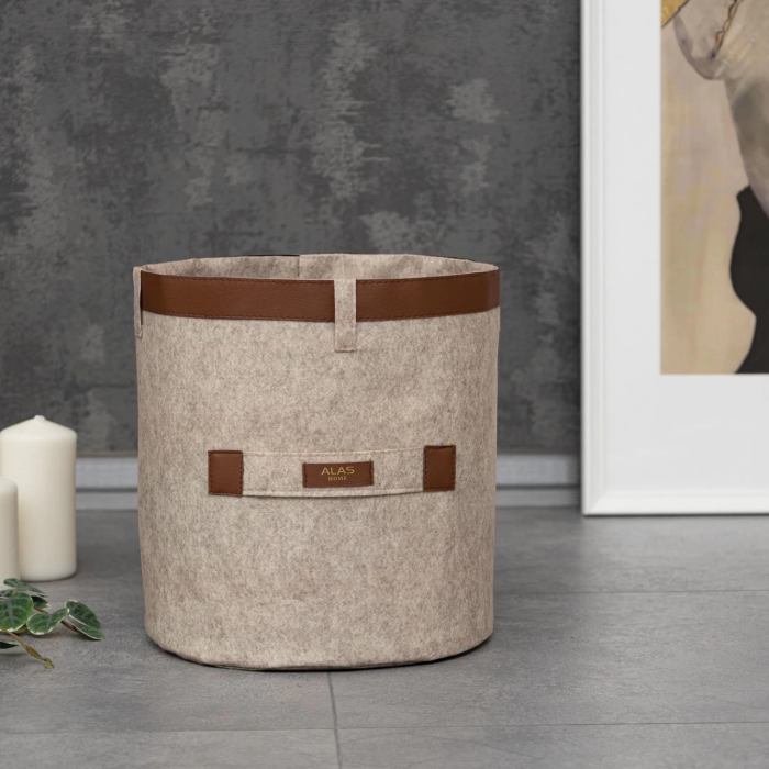 KESGİN MARKET® Deri Şeritli Yuvarlak Çok Amaçlı Düzenleyici Organizer Kutu Keçe Sepet (maxi) 03815