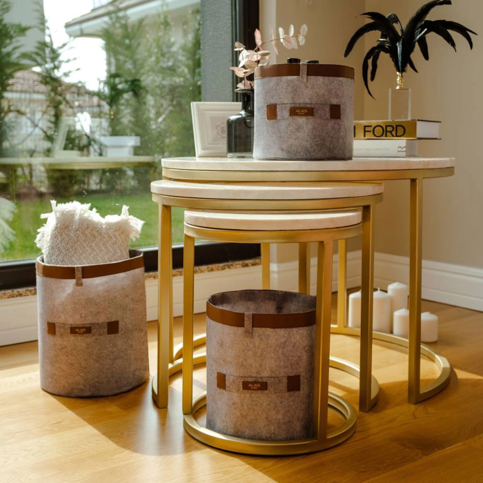 KESGİN MARKET® Deri Şeritli Yuvarlak Çok Amaçlı Düzenleyici Organizer Kutu Keçe Sepet (mini) 03822