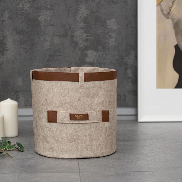 KESGİN MARKET® Deri Şeritli Yuvarlak Çok Amaçlı Düzenleyici Organizer Kutu Keçe Sepet (mini) 03822