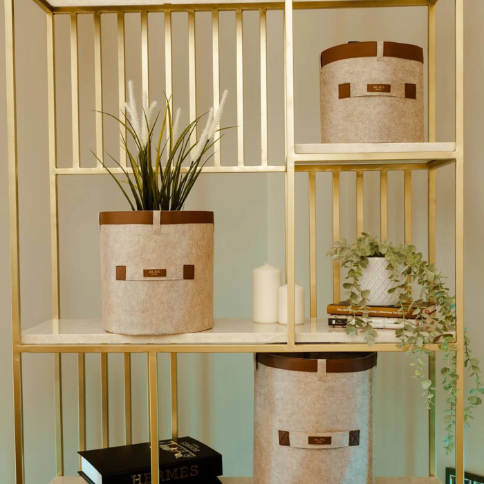 KESGİN MARKET® Deri Şeritli Yuvarlak Çok Amaçlı Düzenleyici Organizer Kutu Keçe Sepet (3lü Set)