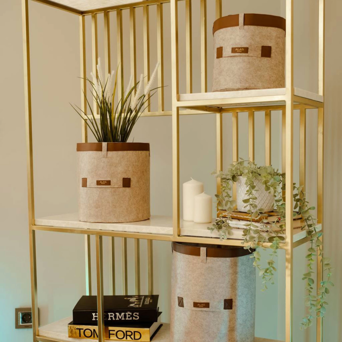 KESGİN MARKET® Deri Şeritli Yuvarlak Çok Amaçlı Düzenleyici Organizer Kutu Keçe Sepet (3lü Set)