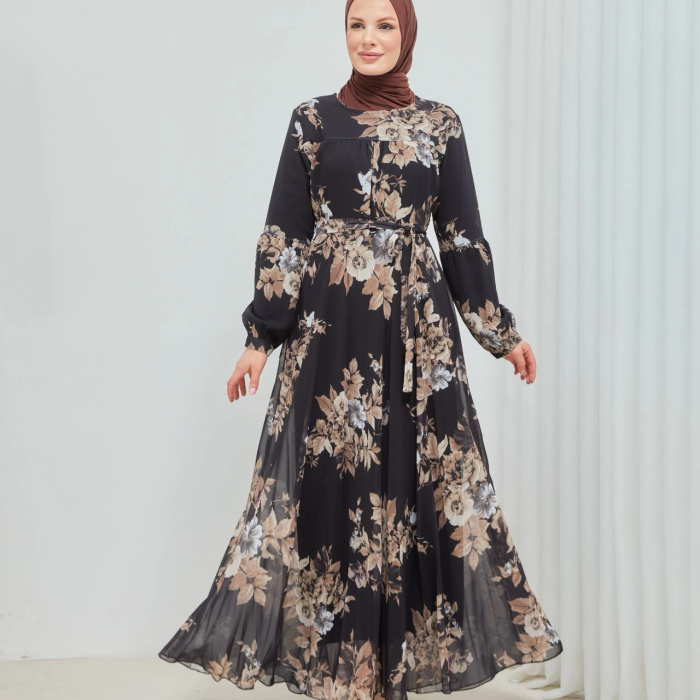 KESGİN MARKET® Yaprak Desenli Zarif Ve Şık Uzun Boy Büyük Beden Astarlı Şifon Elbise