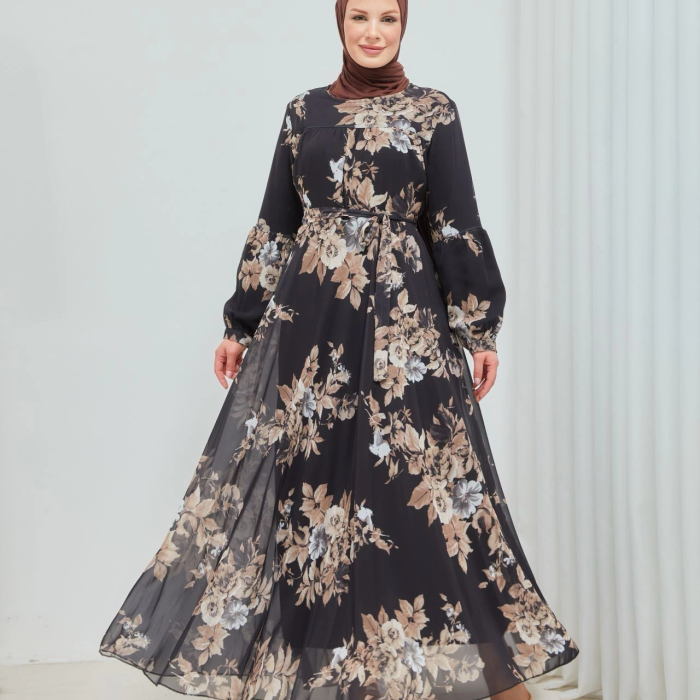 KESGİN MARKET® Yaprak Desenli Zarif Ve Şık Uzun Boy Büyük Beden Astarlı Şifon Elbise